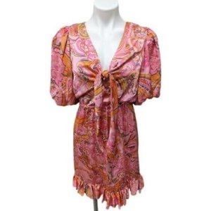 Delfi Collection Sage Pink Orange Retro Mini Paisley Ruffle Dress - Large
